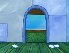 a painting of an open door with papers on the floor and sky in the background