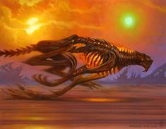 a painting of an alien creature running through the desert