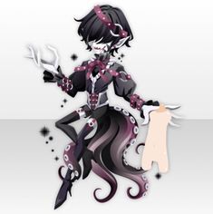 a woman dressed in black and purple holding scissors next to a paper cutout with stars on it