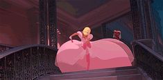 an animated image of a woman in a pink dress standing on stairs with her arms behind her back