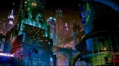 a futuristic city at night with neon lights and skyscrapers in the background is lit up