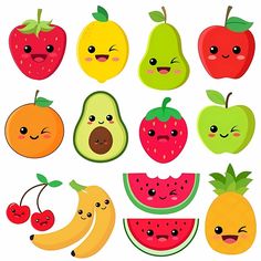 an assortment of cartoon fruits and vegetables with faces drawn in the style of emoticions