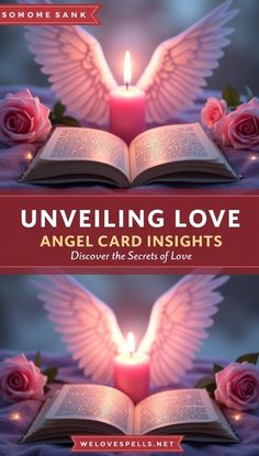 an open book with angel wings and a candle