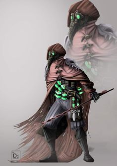 the character is dressed up as an old man with green eyes and long hair, holding a