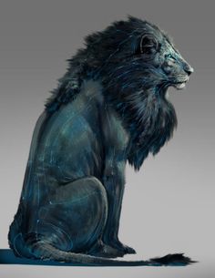 a lion sitting on the ground in front of a gray background