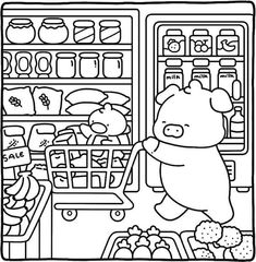 a cartoon bear is shopping in the grocery store coloring pages for kids, free printable