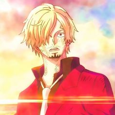 an anime character with blonde hair wearing a red jacket and white shirt, looking at the camera