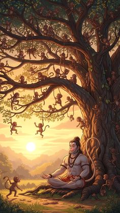 a painting of a man sitting under a tree with monkeys hanging from it's branches