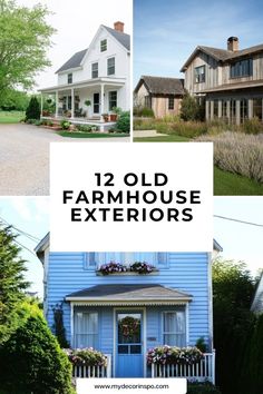 the front and back of an old farmhouse with blue siding, white windows, and lots of greenery