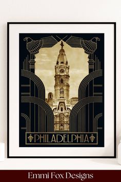 the philadelphia art deco poster is displayed in front of a white shelf with candles on it
