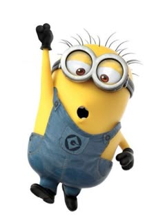 a cartoon minion in overalls and eyeglasses jumping up into the air