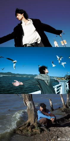 two pictures with birds flying over the water and people sitting on the beach in front of them