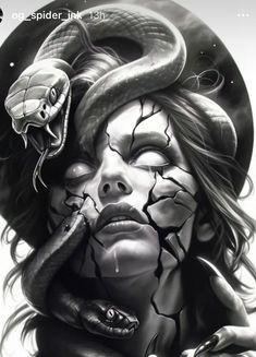 a drawing of a woman with a snake on her face and hands around her neck