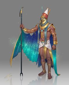 an egyptian god with wings and a staff