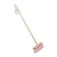 a pink dust brush with a wooden handle on a white background for use as a keychain