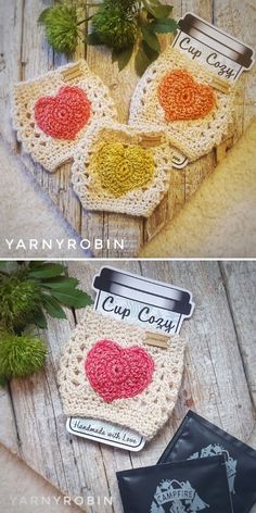 crocheted heart coasters made with yarn