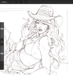 a drawing of a woman in a cowboy hat