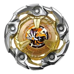 a yellow and silver metal object on a white background