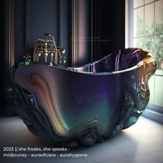 a bathtub that is sitting in the middle of a floor next to a window