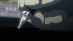 an anime character writing on a piece of paper with a pen in his hand while looking at the camera