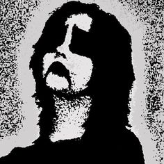 a black and white photo of a man with his mouth open in front of a grungy background