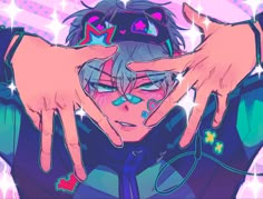 an anime character holding his hands over his face