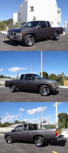 three different pictures of the same truck parked in a parking lot, one is black with chrome rims
