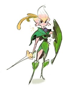 an image of a cartoon character with flowers on her arm and legs, holding onto a plant