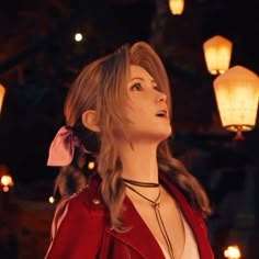 a woman with long hair wearing a red jacket and pink bow tie standing in front of lanterns