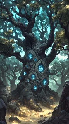 an image of a strange tree with blue lights in the middle of it's trunk