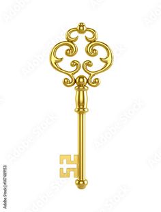 an antique golden key on a white background