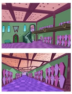 two different views of the inside of a building with purple floors and walls, one is empty