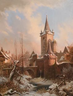a painting of a castle in the snow