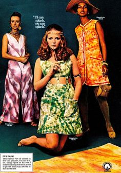 Cheryl Tiegs 70s Tie Dye, Tie Dye In The 70s, 60s Tie Dye Outfit, 1970s Tie Dye Fashion, Tie Dye 60s Style, 60s Tie Dye, Vintage Tie-dye Fashion, 70s Fashion Magazine Print Ads, 1960s Tie Dye Fashion