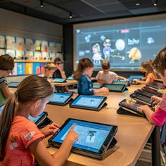 children sitting at tables with tablets in front of them and on the screen behind them