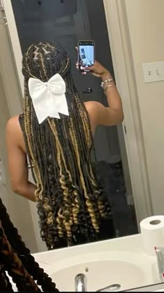 #braids #braidsforblackwomen #bow #hairstyles #blackhairstyles Hairstyles For Braids Pictures, Brown Peekaboo Hair Braids, Braids With Curls And Color, Braids With Curls Peekaboo, Hairstyles For Knotless Braids With Curl, Black And 27 Box Braids, Hip Length Braids, Hairstyles With Bows Braids, Copper Peekaboo Braids