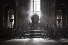 the iron throne sits in front of an open window with fog coming from behind it