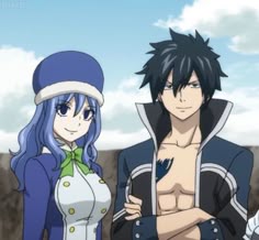 two anime characters standing next to each other