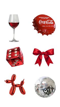 various objects are arranged in the shape of a ball, wine glass, and coca - cola bottle