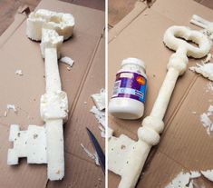 Refine the key until you're happy Giant Skeleton Key, Diy Giant Key, Giant Key Decoration, How To Make Alice In Wonderland Props, Giant Vintage Key Prop, Alice In Wonderland Props Diy, Large Key Prop, Giant Key Prop, Giant Key