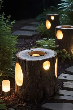 some lights that are sitting on top of a tree stump in the grass and bushes