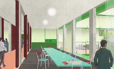 an artist's rendering of a room with tables and chairs, people walking around