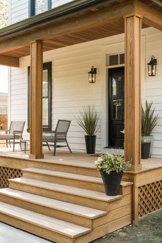 Explore a collection of 25 inspiring wooden front porch ideas perfect for remodeling or designing your dream house front porch. This pin features a stylishly decorated porch, showcasing the potential of adding porch steps, columns, and posts to create an inviting space