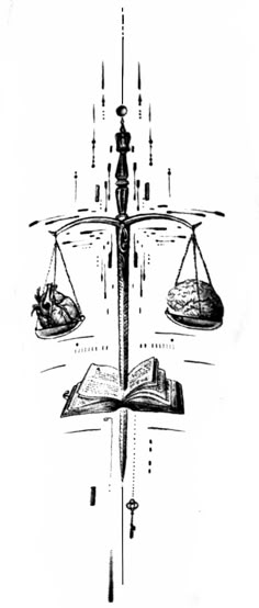 a drawing of a scale with two books on it and an open book in the middle