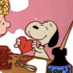 a charlie brown cartoon is holding a heart in front of a snoopy valentine's day card
