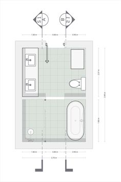 the floor plan for a bathroom with two sinks, toilet and bathtub in it