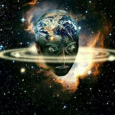 an image of a person with the earth in his head and space around him, surrounded by stars