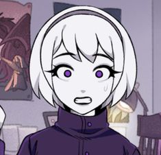 an anime character with white hair and purple eyes