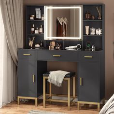 there is a vanity with a mirror and lights