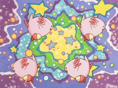 an image of three pink fish in the middle of a purple and yellow star pattern